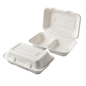 9" x 6" 2 Compartment Clamshell Container (CASE)- Bagasse Material